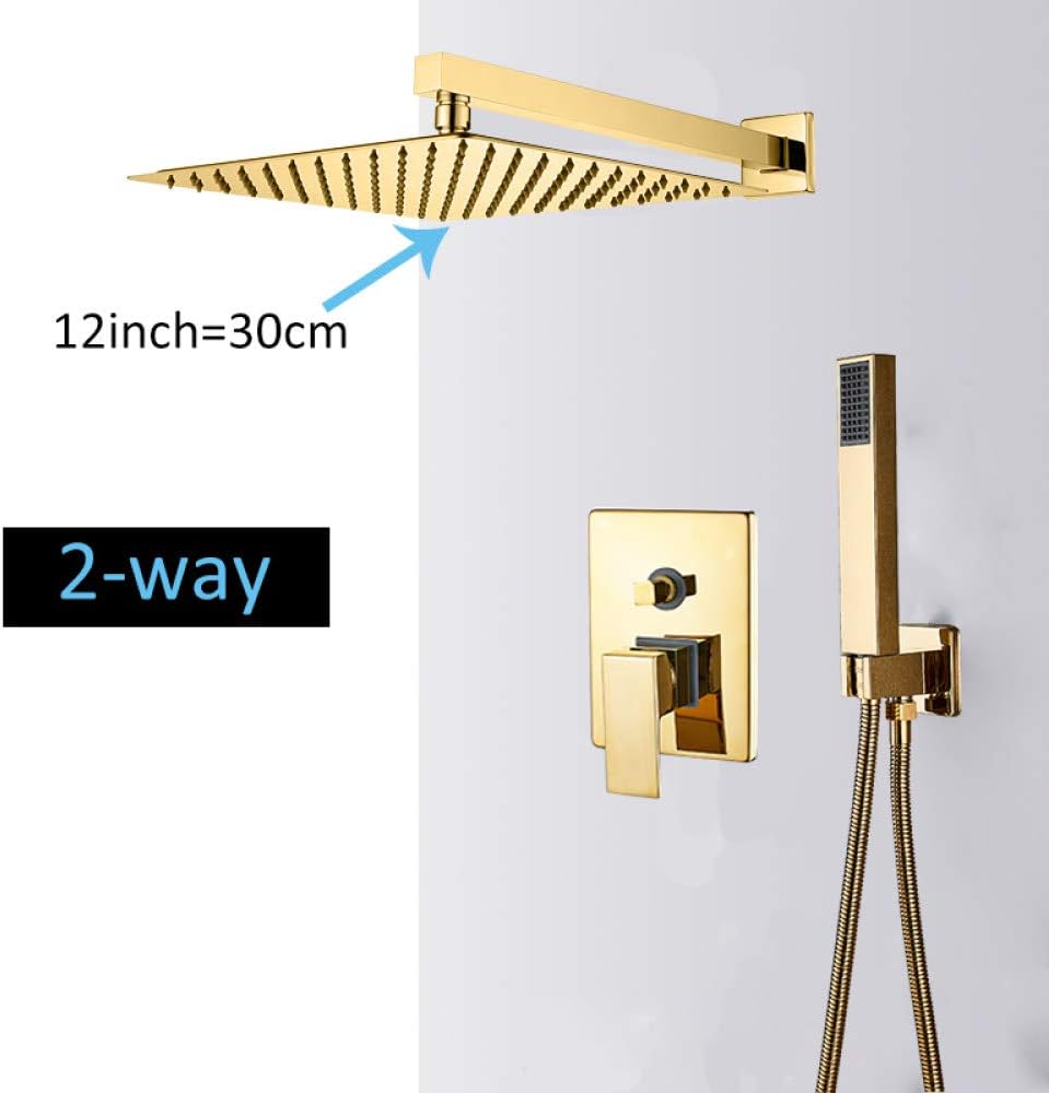 QPLINM Shower system Wall Mount Golden Shower Faucets Set Ultrathin Rainfall Gold Shower Hot Cold Water Mixer Tap Bathroom Gold Shower Kit,2,way 12inch