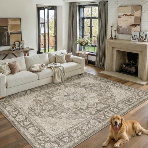 PureCozy Vintage Alfombra Salon 200x300cm Marrón Habitacion Alfombras Lavable Antideslizante Grande Tapete Dormitorio Pie de Cama Sala Comedor Carpet Pelo Corto Rug