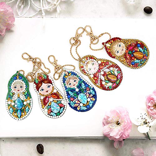 5D DIY Diamond Painting Keychain, 5 pcs Doll Shape, Mosaic Making Full Drill Special Shape Diamond Painting Kit for Bags, Smartphone Straps, 5 Pack