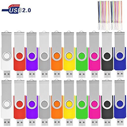 20 Pack 1GB Memory Sticks,HKUU USB 2.0 Flash Drive Swivel Design Thumb Drive Pen Drives with Lanyards (Black/Grey/White/Yellow/Orange/Pink/Orange/Green/Blue/Purple)