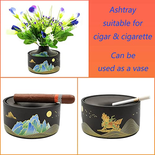 Outdoor Ashtray for Weed - Cigar Ashtrays HSimpleStyle 5.1Inch Ash Tray Suitable for Cigar and Cigarette, Ceramic Ashtray with Lid as a Vase Suitable for Home, Office, Patio, Yard, Indoor, Outdoor