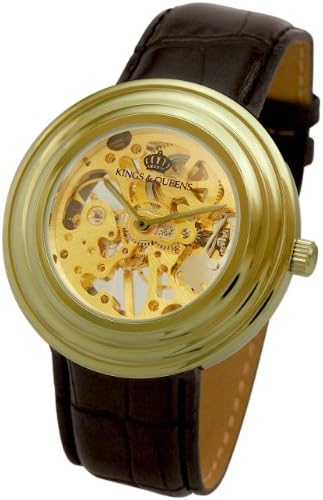 Kings And QueensMens Mechanical Skeleton Watch Gold Bezel Black Leather Strap KQ-BKGD