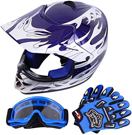Samger DOT Youth Kids Offroad Helmet Motocross Helmet Dirt Bike ATV Motorcycle Helmet Gloves Goggles (M, Blue)