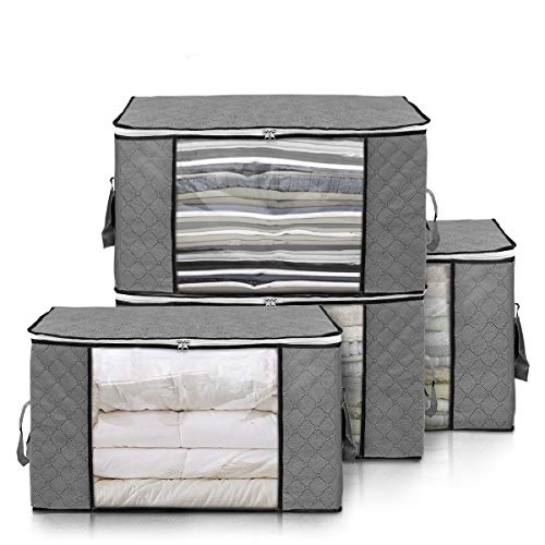 king do way Clothes Storage Bags 23.6" x 16.9" x 13.7" Large Capacity 4Pack Comforter Storage Bags with Strengthen Handle, Clear Window, Zipper for Clothes, Blankets, Closets, Bedrooms, 90L