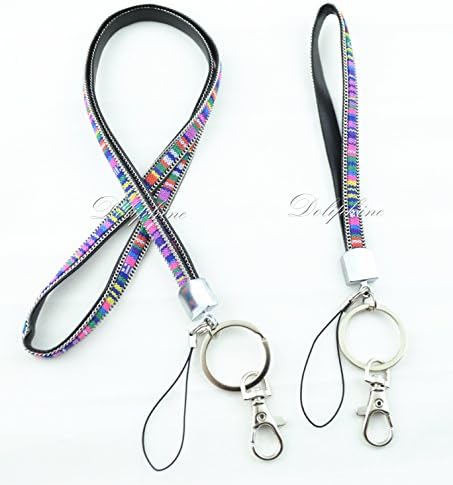 Multi color Patterned leather lanyard with chain edge and Wristlet (Fabric A)
