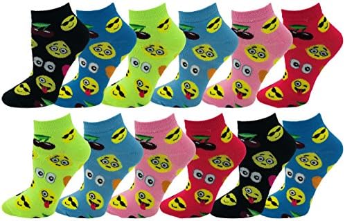 Kids No Show Ankle Socks, 12 Pairs Patterned Colorful Cute Athletic Fun Sport Sock, Boys & Girls (Emoji Print, 6-8 (Shoe Sizes 4-7.5))