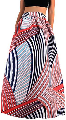 Womens Bohemian African Floral Print High Waist Pleated Hem Full/Ankle Length Long Maxi Swing Skirt Dress