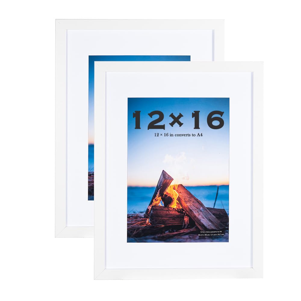 White Wooden Picture Frame 12x16 with Mount for A4 print, Set of 2, 12x16 Inch Frame, 30x40cm Poster Frame,Wall Mountable,30 x 40cm picture frame