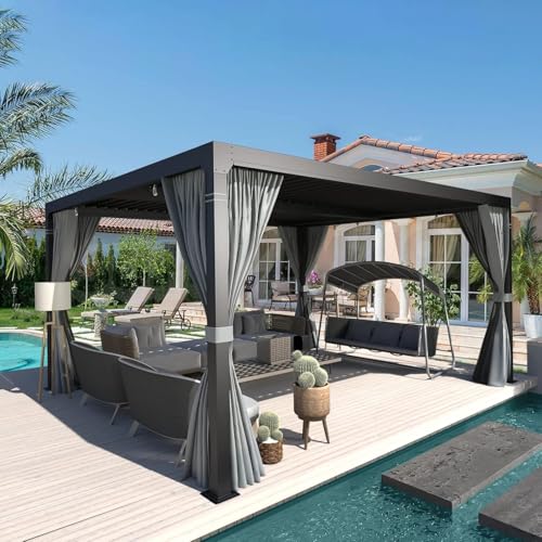 EROMMY Louvered Pergola 10x12, Outdoor Aluminum Pergola with Adjustable Rainproof Roof for Garden, Patio, Deck, Waterproof Curtains and Netting Included, Gray-Black image 23
