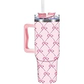 FYSUIMU Pink Bow Tumbler with Handle Straw and Lid 40oz Pink Ribbon Bow Stainless Steel Cup Travel Coffee Tumbler Cup for Home Office Holiday Birthday