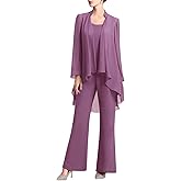 Zongqiven Women's Mother of The Bride Pant Suits 3 Pieces Chiffon Outfit Sets for Wedding Guest Evening Party Gowns
