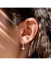 Carleen White Gold Plated 925 Sterling Silver CZ Cubic Zirconia Feather Evil Eye Turtle Sunflower Daisy Star Dangle Drop Small Hoop Earrings For Women Girls