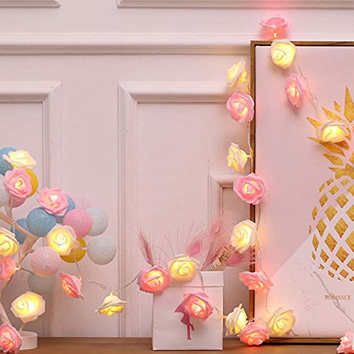 TourKing Rose Flower String Lights 19.6 Ft 40 LED Artificial Rose Garland Fairy Lights USB Charged Rose Light for Wedding Anniversary Garden Party Decor Gift for Girls (Pink+White)