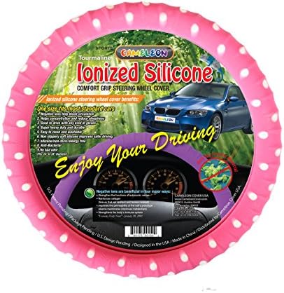 Cameleon Cover New Silicone Polka Dot Series Steering Wheel Cover with Negative ion -Limited Edition Odorless Latex Free Ergonomic Design and Best Comfort! (Pink Polka Dot- White Dot)