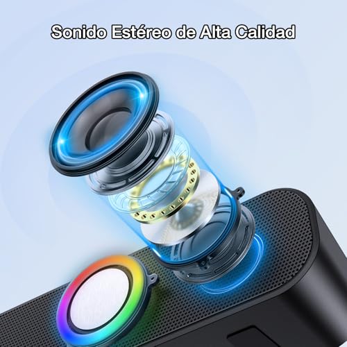 1 Hora Bocina Bluetooth 10W, Barra de Sonido con 2400mAh Batería, Soundbar para PC TV, RGB Altavoces Inalámbricos Soporte 3.5mm AUX/TF/USB/Bluetooth para Interior, Hogar y Fiesta