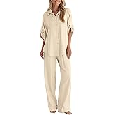 BWQ Womens linen 2 Piece Outfits Long Sleeve Button Down Shirt Wide Leg Pants Lounge Set S-2xl