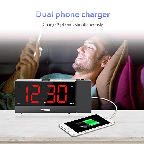 Reacher Projection Alarm Clock Radio with 5.5" Full Range Dimmer Digital LED Display Sleep Timer Radio Dual Alarms Snooze Timer Outlet Powered Dual USB Charger Ports for Bedrooms Bedside iPhone Phone