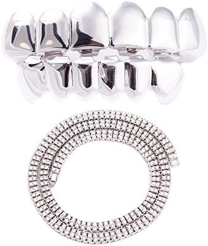 Grillz Silver Plated Top & Smaller Bottom Set Bling Teeth Hip Hop Bling + 2 row Iced Out 30" 8mm Chain Necklace
