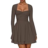 AGSEEM Womens Mini Dress Long Sleeve Square Neck Ruffle Hem Corset Ruched Waist A Line Short Party Dresses
