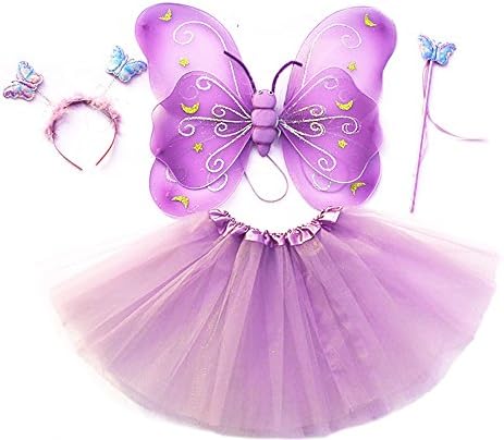 Tante Tina - Butterfly/Fairy Costume Girls - 4 Piece Set Wings, Wand, Tiara Skirt - Violet glitter stars