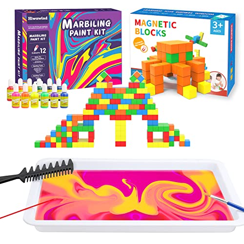 Hiwawind Toddler Toys Magnetic Building Blocks for Toddlers 3-5 Water Marbling Paint Art Kit - Girls Toys Age 6-8 8-10 Years Old, Crafts for Girls Ages 8-12, Toys for 7 8 9 10 Year（Pack of 2）