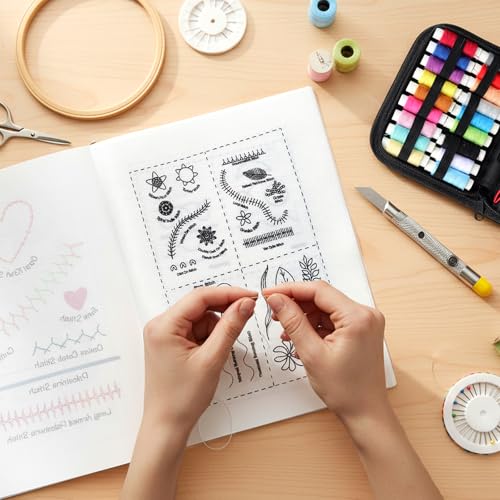 Komforbaa Upgraded Embroidery Kit for Beginners, Unbound Cross Stitch Book with Essential Patterns, 16cm Hoop, 24 Colors Thread, Complete Tools, Portable All-in-One