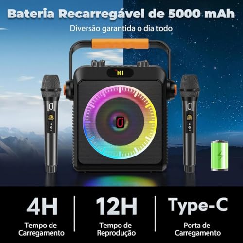 JYX Karaokê com 2 Microfones Sem Fio para Adultos e Crianças, Karaoke Portatil com Luzes de RGB DJ, Suporte para BT/TF/USB/AUX, Ajuste do ECHO/BASS, Para Festas Internas e Externas
