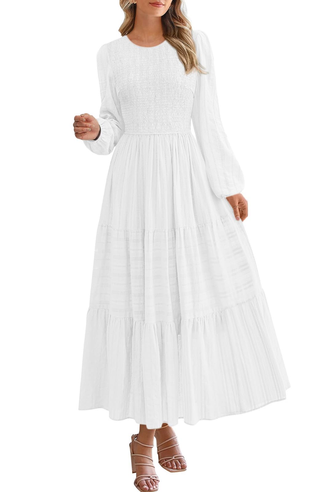 Photo 1 of PRETTYGARDEN Women's Casual Dresses 2025 Long Sleeve Crewneck Solid Color Tiered Flowy Long Dress Fall Beach Clothes (White, X-Large)