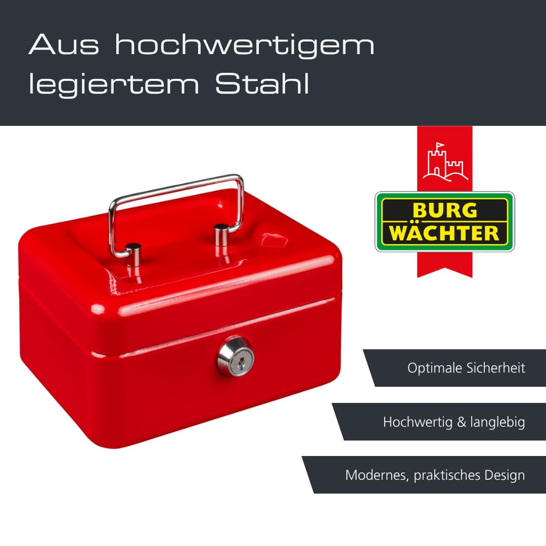 Burg-Wächter 40040 Geldkassette abschließbar mit Schlüssel und Hartgeldeinsatz, Klein, Stahlblech, Money 5015, Rot 3