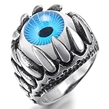 INBLUE Men's Stainless Steel Ring Silver Tone Black Blue White Skull Dragon Claw Evil Devil Eye