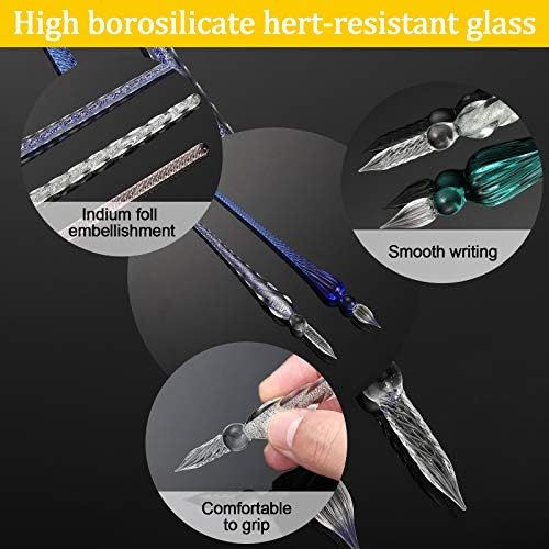 Handmade glass dip pen with multiple colored glass dips.