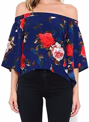 Women's Gorgeous Navy Blue Floral Rose Print Off the Shoulder Blouse with Butterfly Sleeves and Split Back