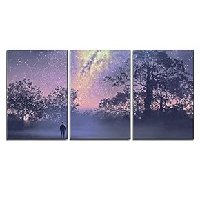 3 Piece Canvas Wall Art - Illustration - Man Standing Against The Milky Way Above Silhouetted Trees - Modern Home Art Stretched and Framed Ready to Hang - 16"x24"x3 Panels