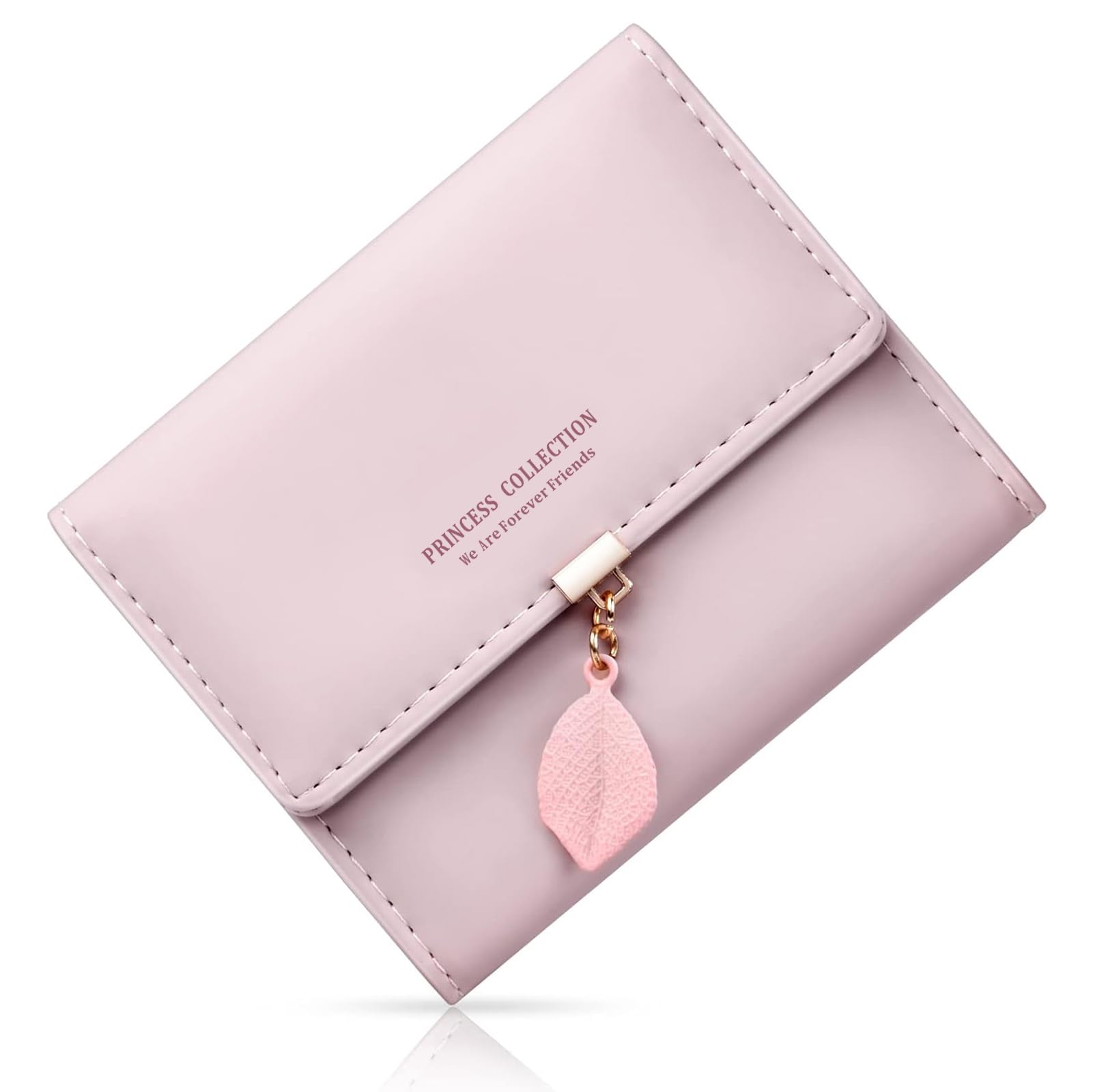 flintronic Women's Wallets, PU Leather Ladies Purse, Small Card Wallet with Multiple Card Slots & Compartments, Leaf Pendant Zipper Coin Purse for Girls Ladies - Pink