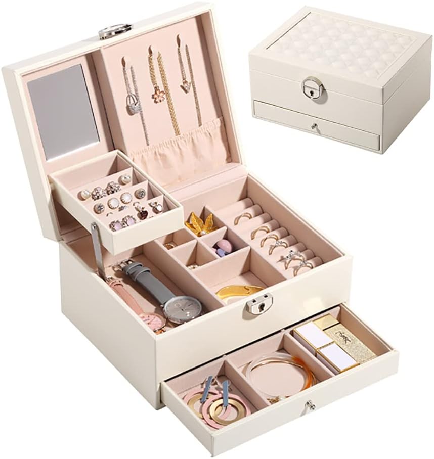 Lockable Jewelry Box,3-layers PU Leather Jewelry Organizers for Women ,Jewelry Display for Rings Earrings Necklaces Watches, White: Home Improvement