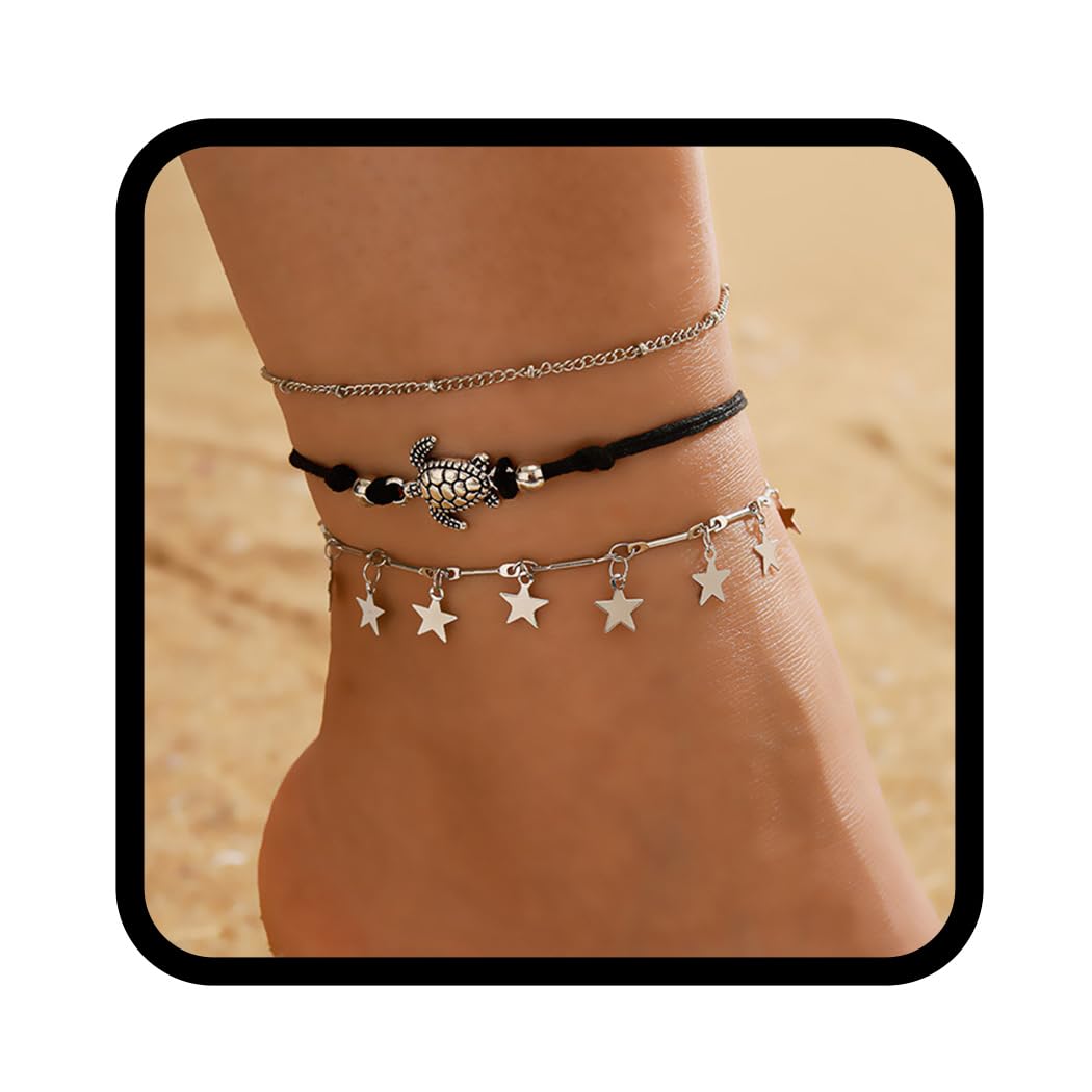 Handcess Boho Turtle Anklets Silver Sequins Star Ankle Bracelets Layered Beads Foot Chains for Women and Girls