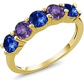 Gem Stone King 18K Yellow Gold Plated Silver Blue Sapphire and Purple Amethyst Wedding Band Ring For Women (1.02 Cttw, Round 3.5MM, Gemstone September Birthstone)