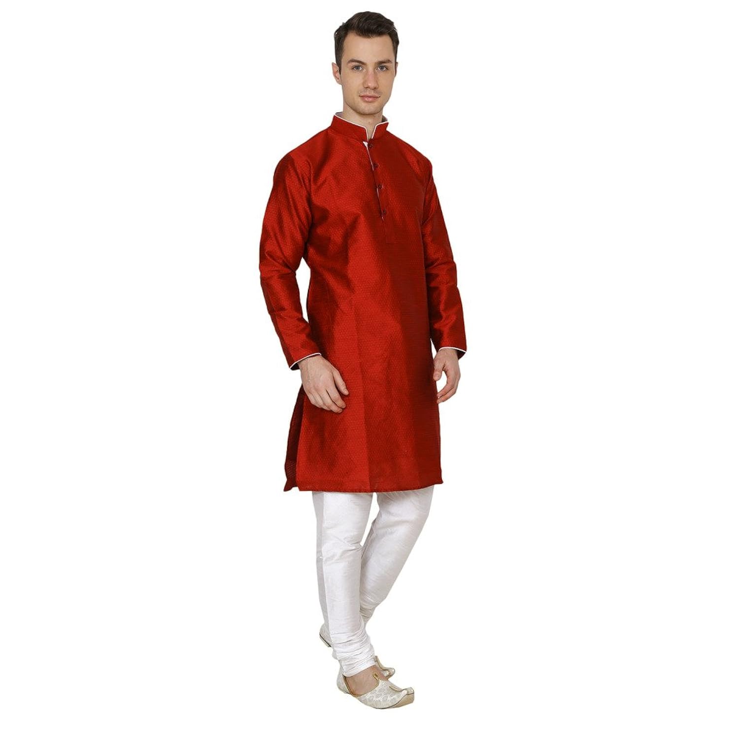 royal kurta men's self jacquard silk contrast piping kurta churidar