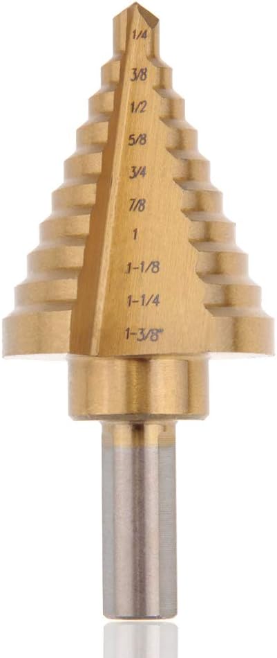 Saiper Titanium Step Drill Bit (1/4'' to 1-3/8'') High Speed Steel Cone Drill Hole Cutter Bit Tool for Plastic, Wood, Steel, Brass, Aluminum, Copper (Total 10 Steps)