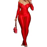 Sriswel Womens Sexy 2 Piece Outfits Off Shoulder Deep V Neck Tops Slit Hem Flare Pants Sparkly Jumpsuit Set Clubwear