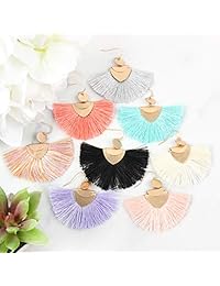 RIAH FASHION - Pendientes de borla con flecos de estilo bohemio con diseño de media círculo, trébol, lágrima, piel sintética, flores, colgantes de candelabro