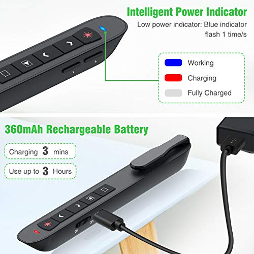 DinoFire Wireless Presenter Remote with Green Light, Rechargeable PowerPoint Clicker,RF 2.4GHz Presentation Pointer Slide Advancer with Hyperlink Volume Control