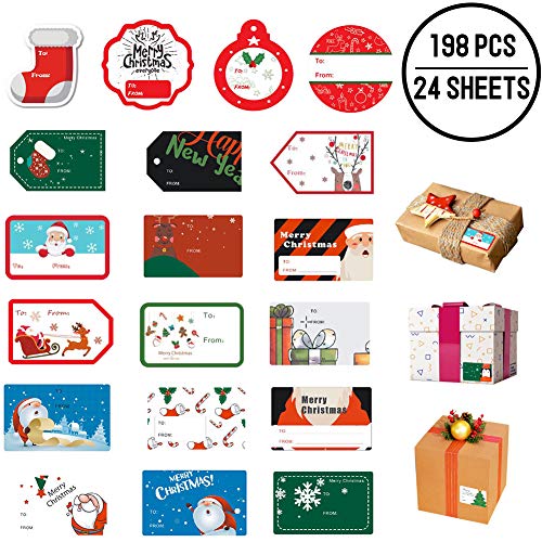 198 PCS Christmas Gift Tags Sticker Self Adhesive, Xmas Name Tag Stickers Santa Snowmen Xmas Tree Deer Design for Festival Presents, Wrapping Paper and Gift Bags