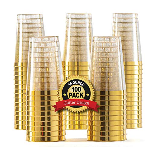 100 Gold Plastic Cups 14 Oz Gold Glitter with a Gold Rim Premium