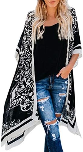 Women Kimono TUDUZ Ladies Boho Chiffon Floral Print Cardigan Coat Tops Suit Cover up Smock Beachwear