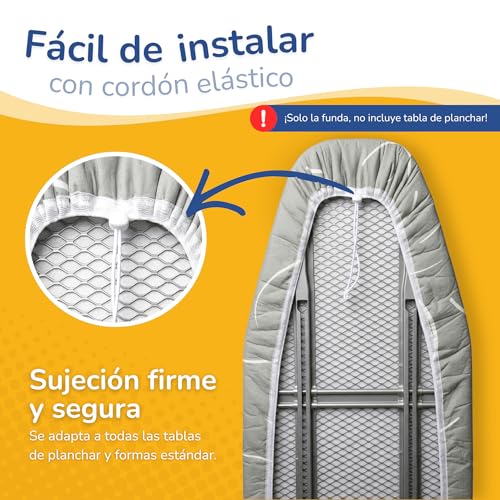 Yellocean Turbo Ironing Board Cover Suitable for 120 x 40 cm, 120 x 45 cm and up to 125 x 45 cm – Heat Reflective – Easy Assembly with Elastic – Double Padded – Size M