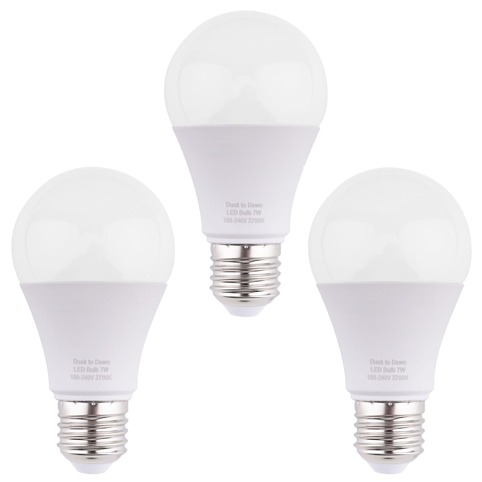 BAOMING Dusk to Dawn Sensor LED Light Bulbs 7W 630 Lumen Warm White 2700K, 60W Equivalent, Automatic On/Off,Suitable Used in Hallway, Yard, Porch, Patio, Garage Lighting,ES E27 Base 240V, 3-Pack