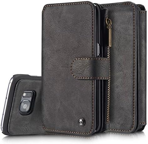 S7 Edge Dermis Wallet case,AKHVRS Handmade Genuine Cowhide Leather Wallet Cover Case - Large Capacity Leather Wallet Type Case with Zipper Wallet Case for Samsung Galaxy S7 Edge - Black