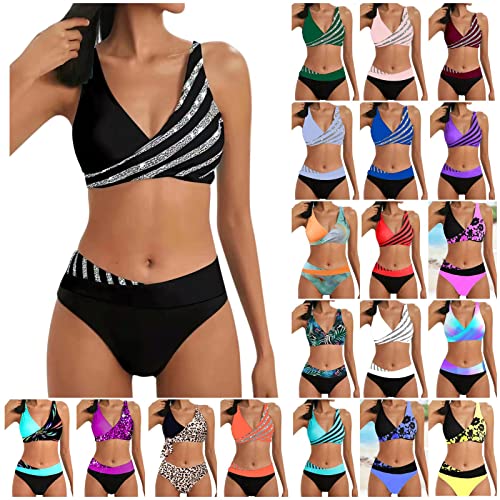 Women Colorblock Stripe Print Bikini Set Crisscross Splicing Two Pieces Swimsuit Summer Beach Bohemian Bathing Suit
