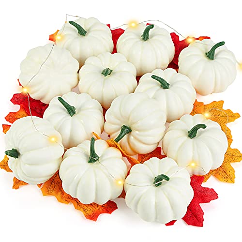 HiPatio Artificial Pumpkins Decoration,12 Pcs Harvest Fall White Pumpkins Fake Foam Pumpkins with 30 Pcs Maple Leaves 1PC String Lights for Autumn Decor Wedding Halloween Thanksgiving Party Decor